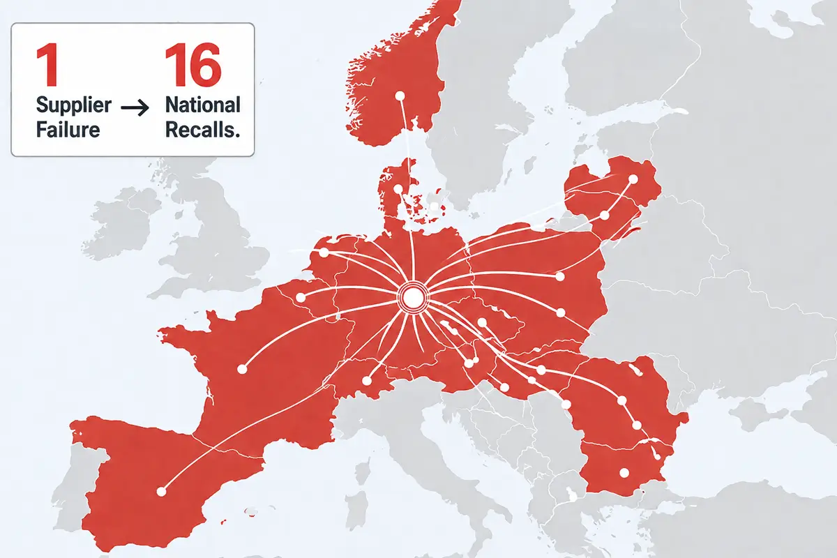 Map of Europe highlighting the 16 EU countries affected by the July 3 2026 RASFF kitchenware recall with aluminum migration alert distribution network