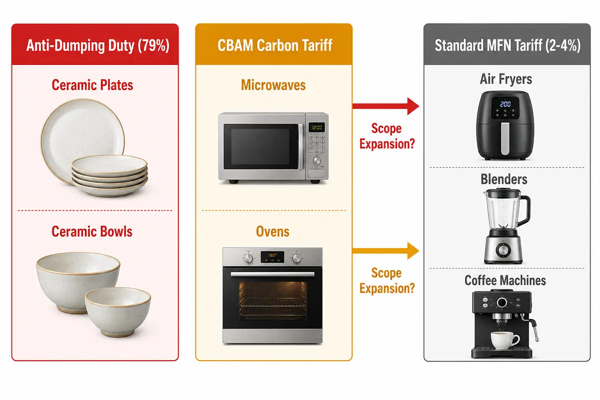 Product scope map showing which kitchen appliance categories are covered by EU anti-dumping duties CBAM carbon tariffs and standard MFN tariffs in 2026