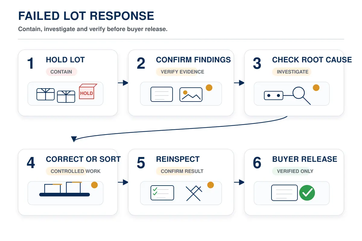 Failed AQL lot containment corrective action and reinspection workflow