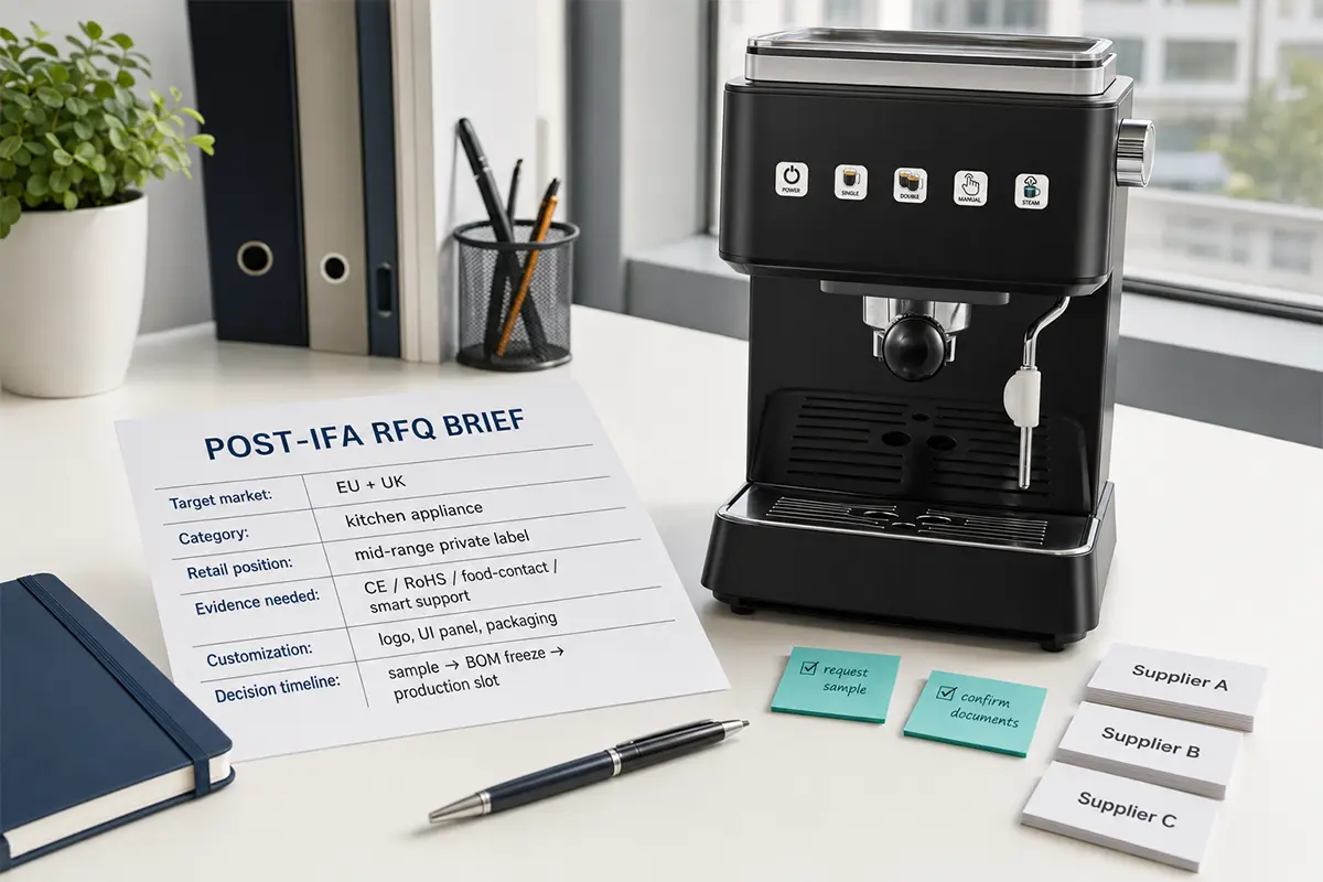 Post-IFA RFQ brief worktable with kitchen appliance sample and buyer checklist