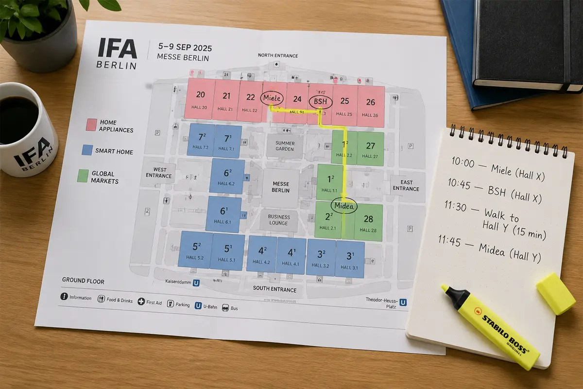 Plan ekspozisyon IFA Bèlen 2026 la avèk koulwa Aparèy Kay yo ki make ak wout reyinyon planifikasyon achtè B2B ant kanpe ekspozan yo.