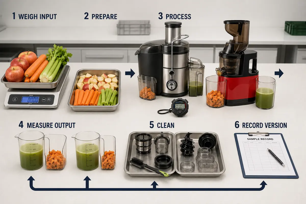 Controlled B2B juicer sample test with weighed produce and output records