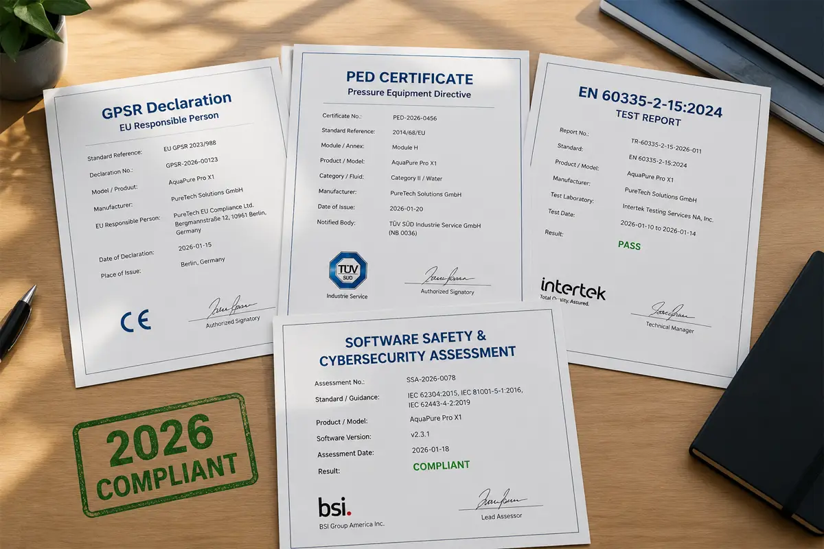 Certification documentation package for 2026 kitchen appliance compliance showing GPSR declaration PED certificate EN 60335-2-15 test report and cybersecurity assessment