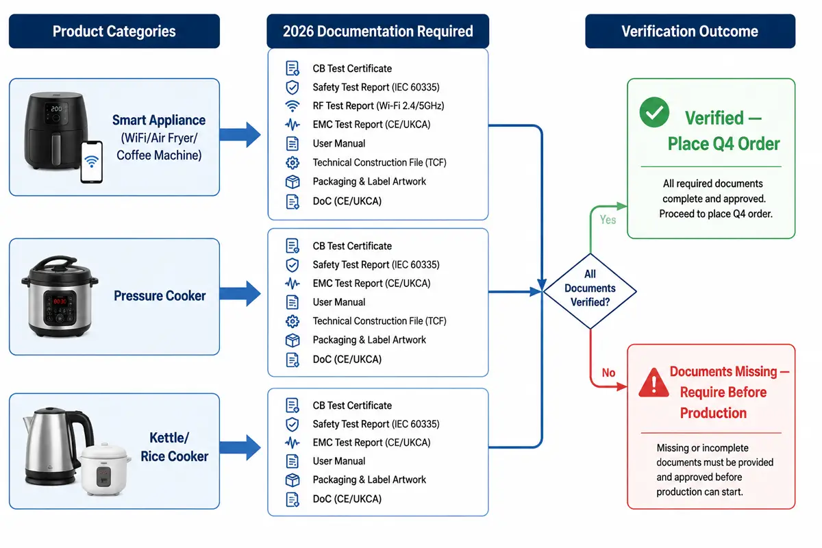 Decision flow diagram for importer supplier certification verification showing which documents to request by product type before Q4 2026 order