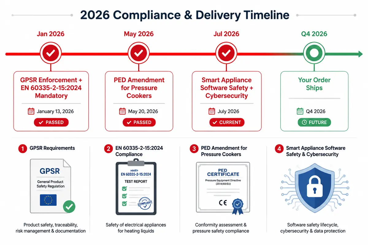 Timeline showing 2026 kitchen appliance certification milestones — GPSR enforcement PED amendment EN 60335-2-15 mandatory smart appliance cybersecurity July deadline