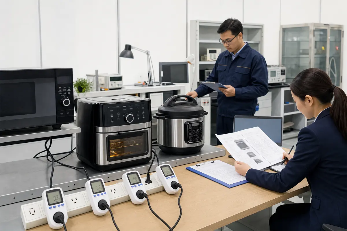 Kitchen appliance compliance lab testing standby power on microwave air fryer oven and electric pressure cooker for ErP readiness.webp