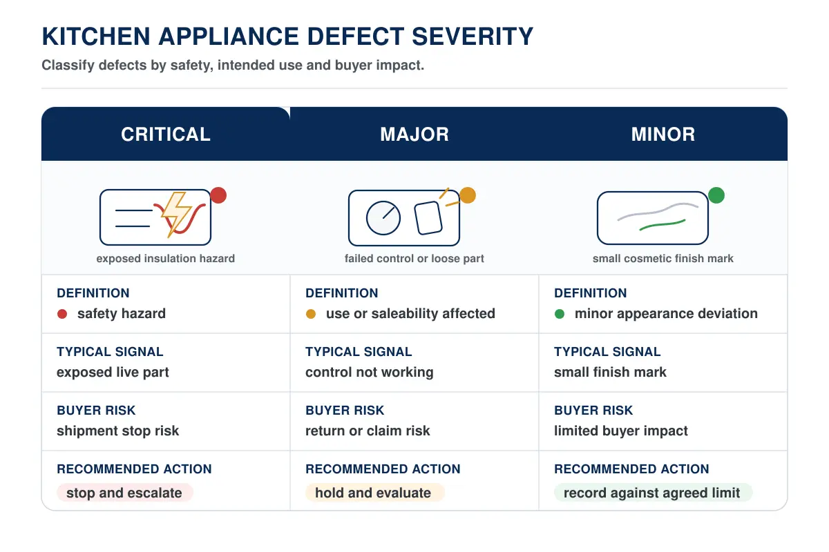Critical major and minor defect severity matrix for kitchen appliance inspection