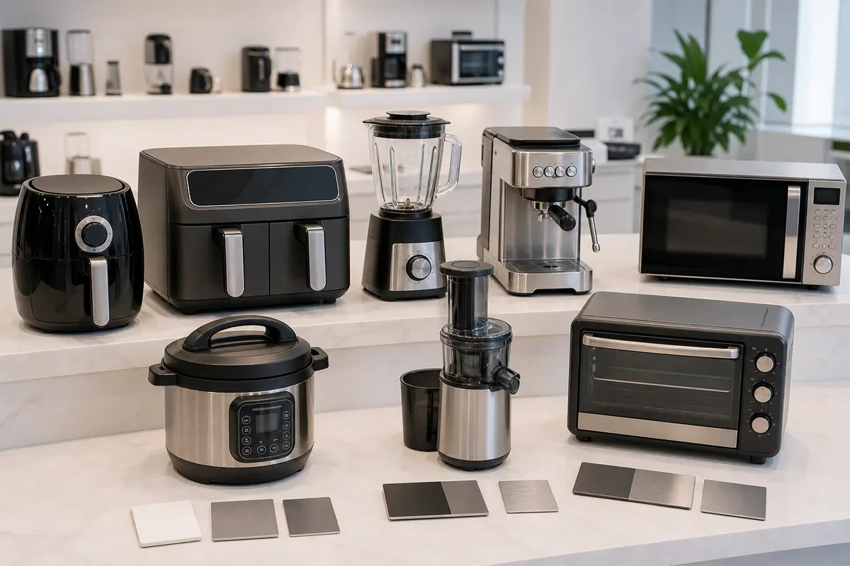 Kitchen appliance repairability and ESPR material composition review with disassembled blender and air fryer parts.webp