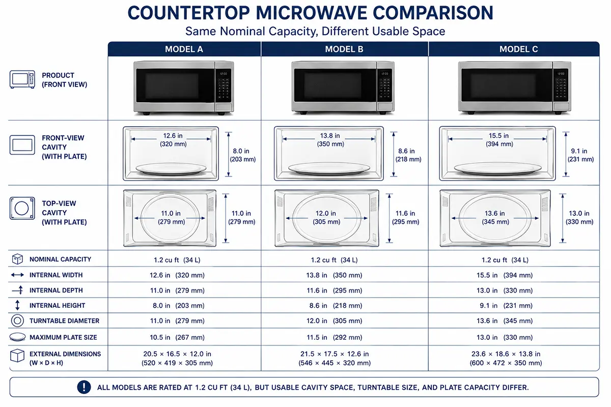 Microwave nominal capacity compared with usable cavity and turntable dimensions