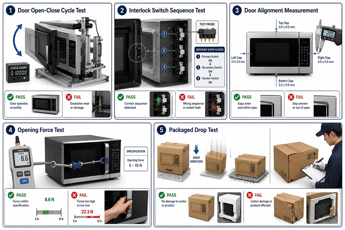 Microwave door interlock cycle alignment and packaging drop tests