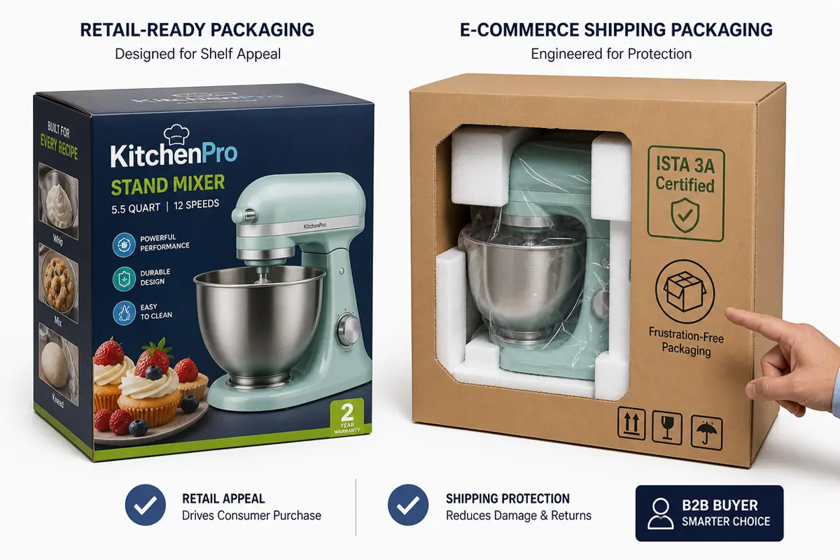 Side by side comparison of retail shelf packaging versus e-commerce drop-tested packaging for kitchen appliances with ISTA certification label