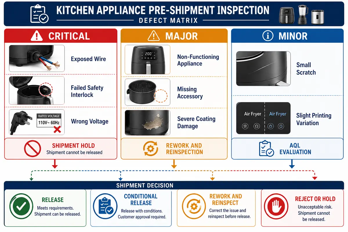 Kitchen appliance defect matrix showing critical major minor defects and shipment decisions