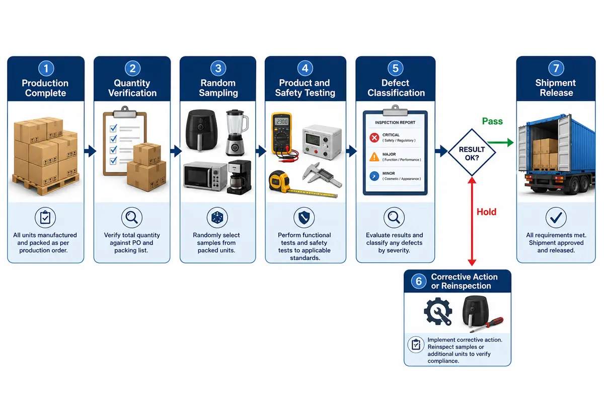 Pre-shipment inspection flow from completed production through sampling testing correction and shipment release