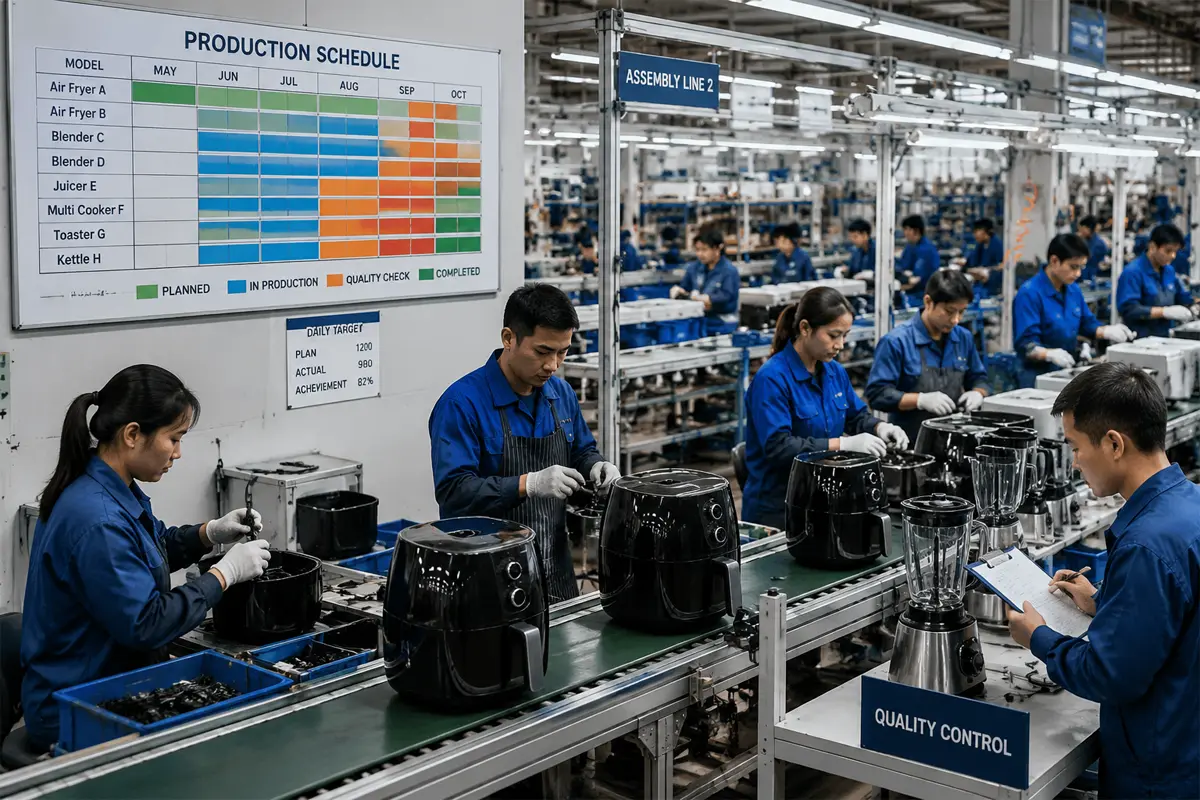 中国某厨房电器工厂生产线在第三季度旺季期间繁忙运转,空气炸锅和搅拌机正在组装并接受质量检验。
