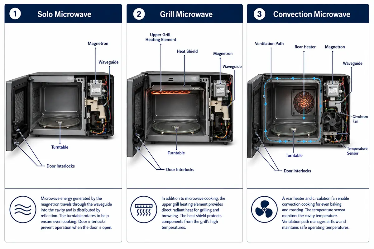 Internal construction comparison of solo grill and convection microwave ovens