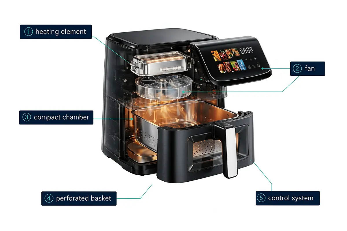 Air fryer component anatomy with heating element fan chamber basket and control system