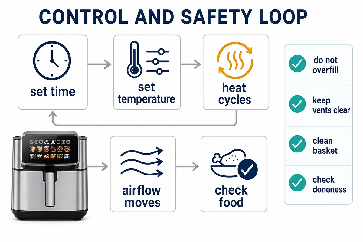 Air fryer temperature control and safety loop showing time temperature airflow food load and cleaning reminders
