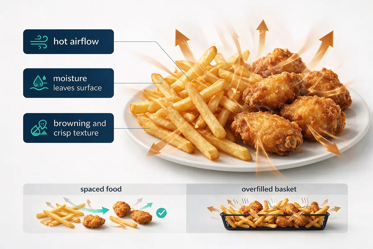 Air fryer crisping science diagram showing hot airflow moisture removal and browned food surface