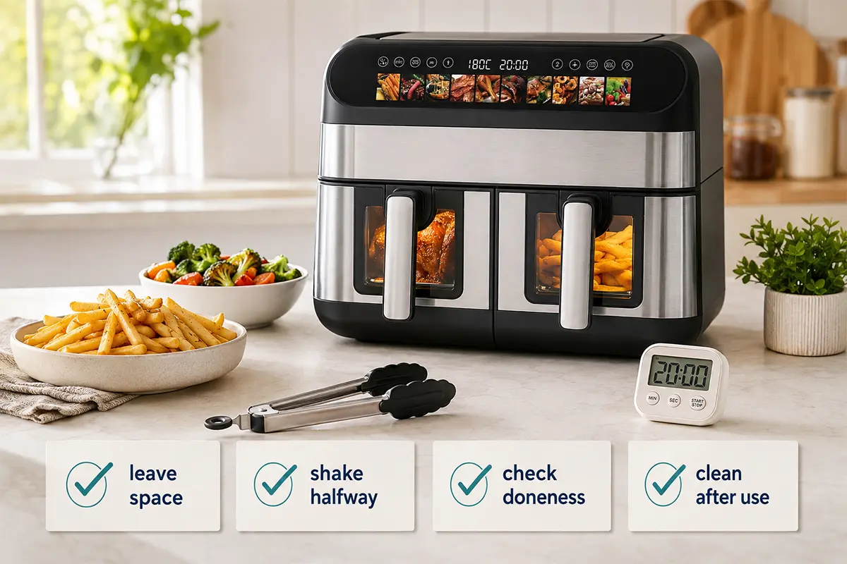 Air fryer everyday use checklist with product basket fries vegetables timer and cleaning reminder