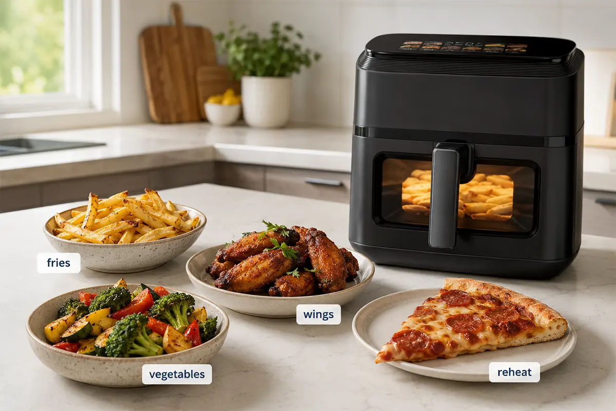 Air fryer food results with fries wings roasted vegetables and reheated pizza on a kitchen counter