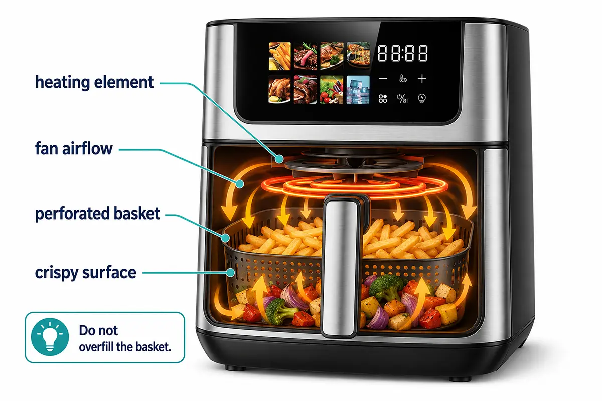 Air fryer hot air circulation diagram showing heating element fan basket airflow and crisping food