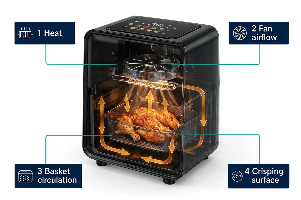 Air fryer airflow loop diagram showing heating element fan basket circulation and crisping surface