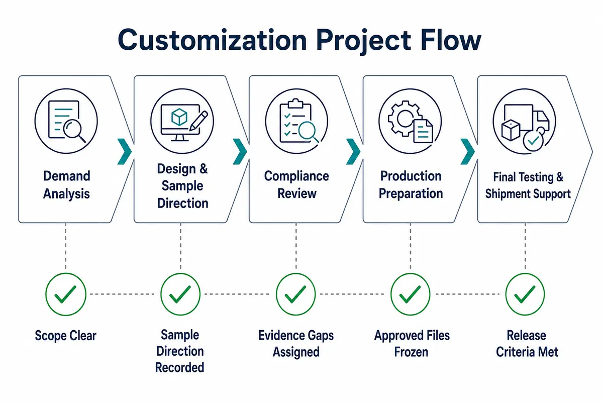 OEM customization process flow from demand analysis to final testing and shipment support