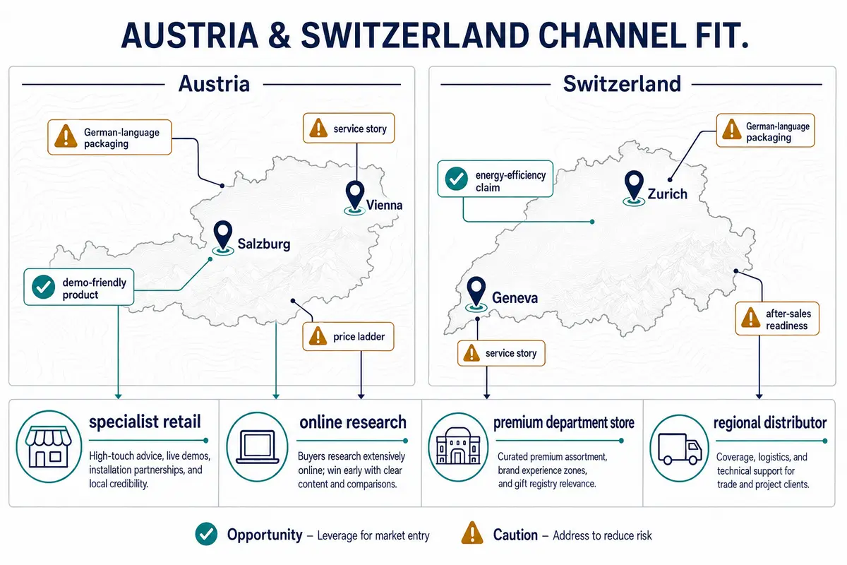 Austria and Switzerland kitchen appliance channel fit map for premium retail online and specialist distribution