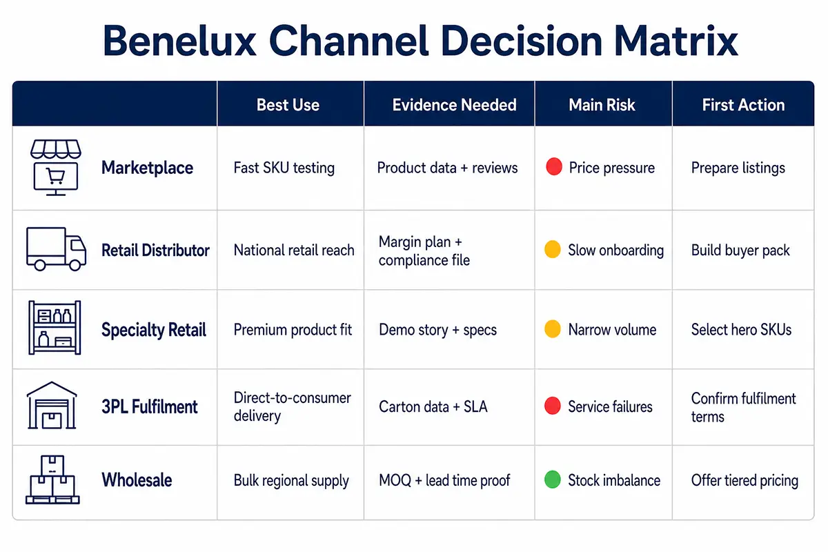 Decision matrix comparing marketplace, distributor, 3PL and retail channels for Benelux kitchen appliance launches.