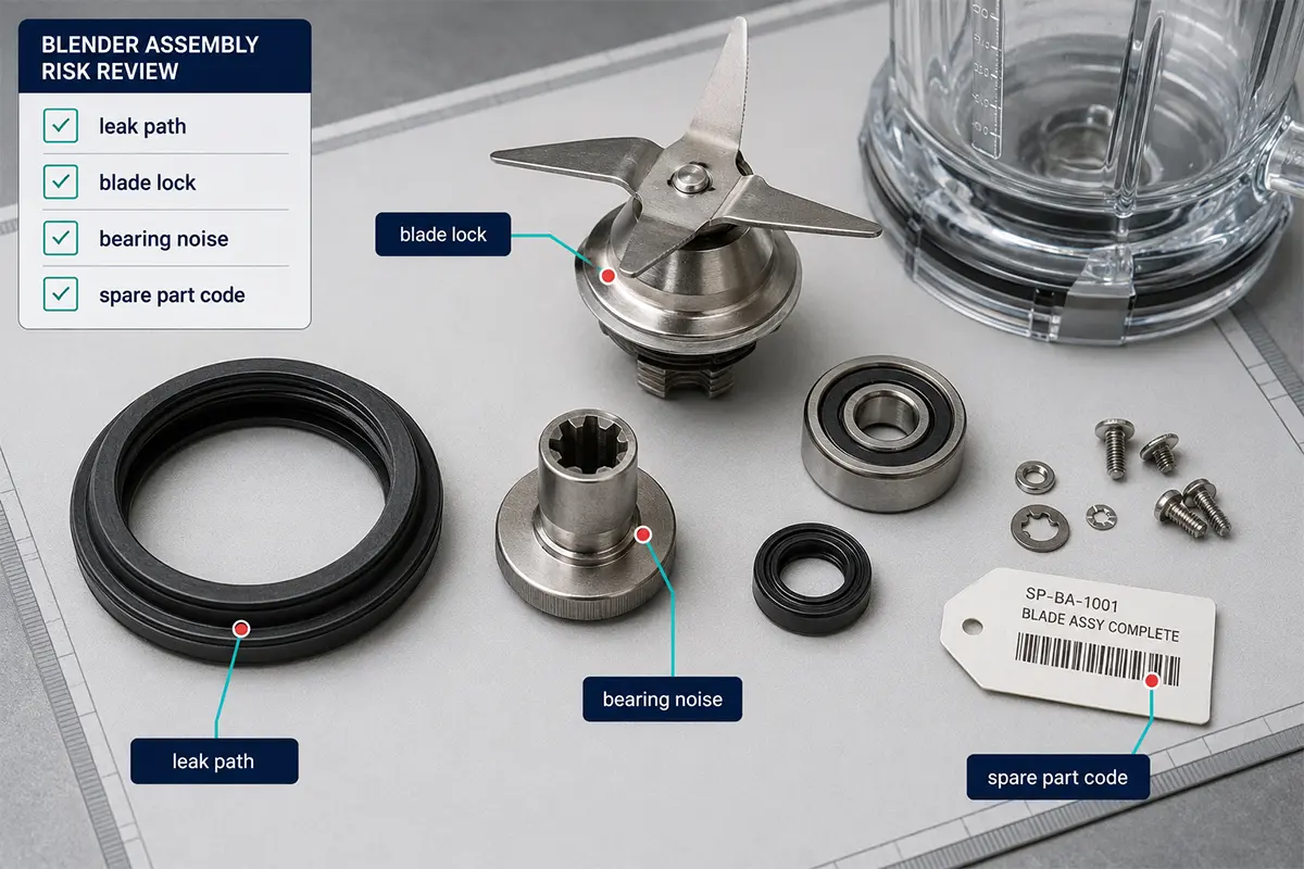 Blender blade and seal checklist showing gasket, bearing, coupler and jar fit verification points.
