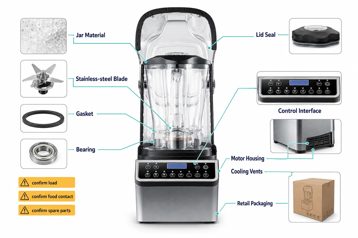 Blender product architecture map showing motor, jar, blade, seal and control decisions for sourcing.