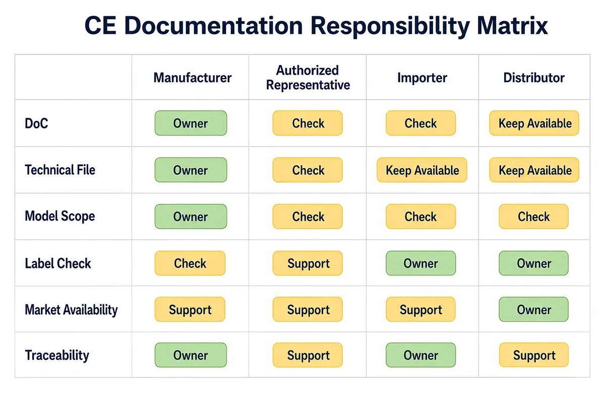 CE documentation responsibility matrix for kitchen appliance importers