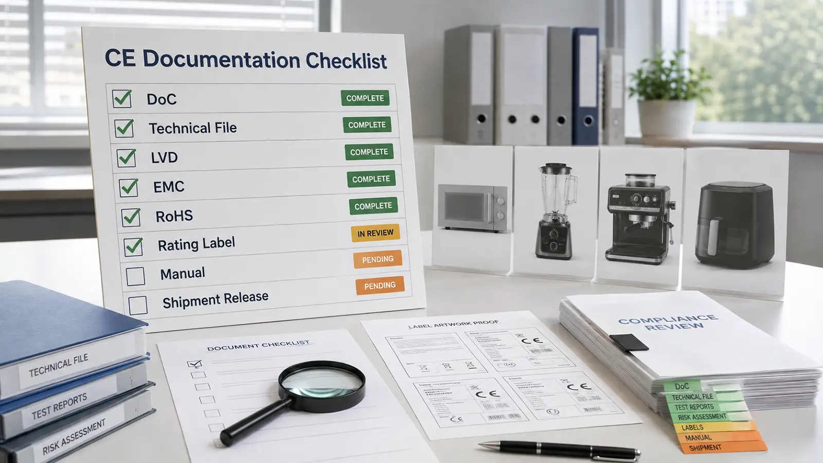 CE marking documentation checklist board for kitchen appliance importers