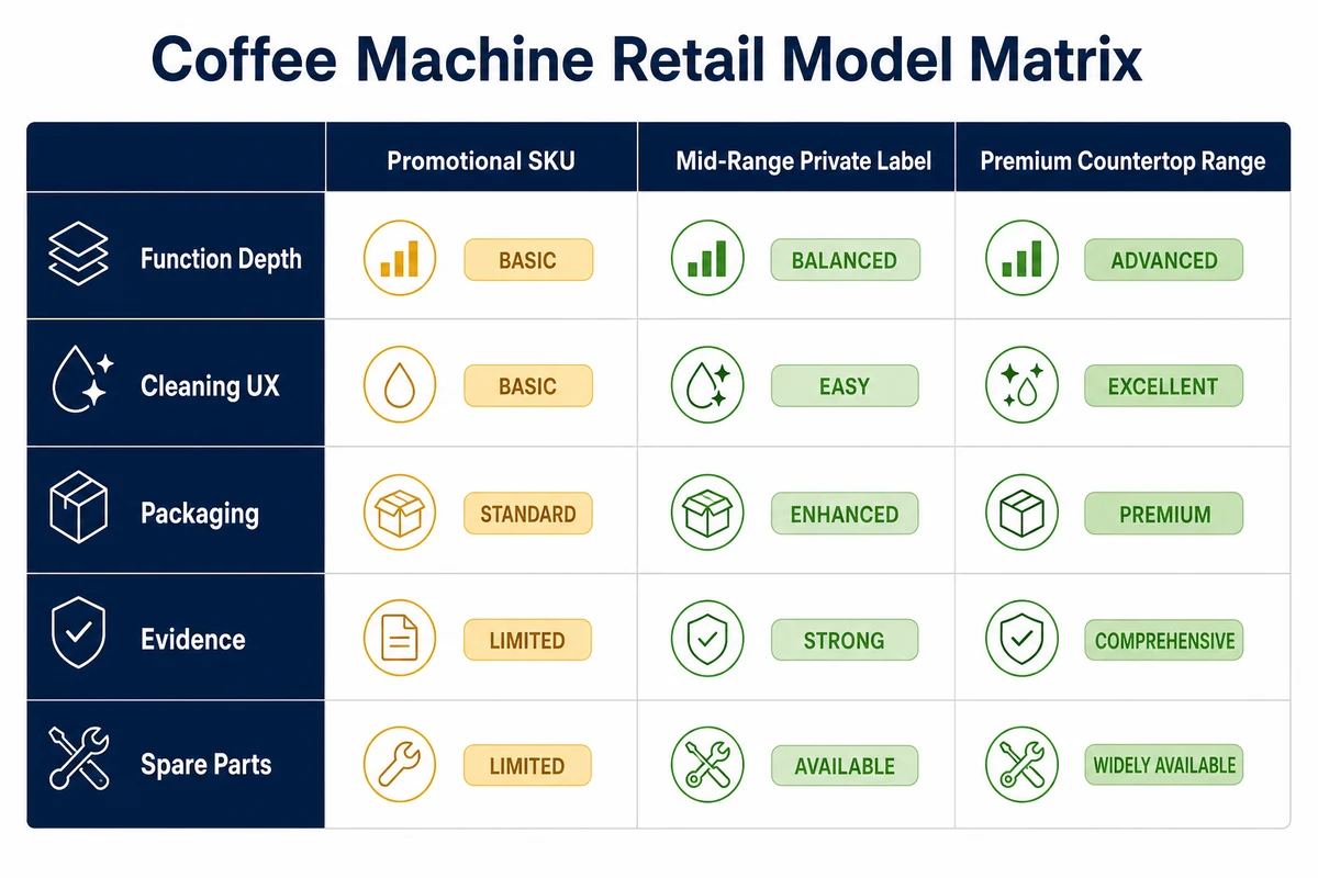 Retail coffee machine model matrix comparing promotional mid-range and premium sourcing choices