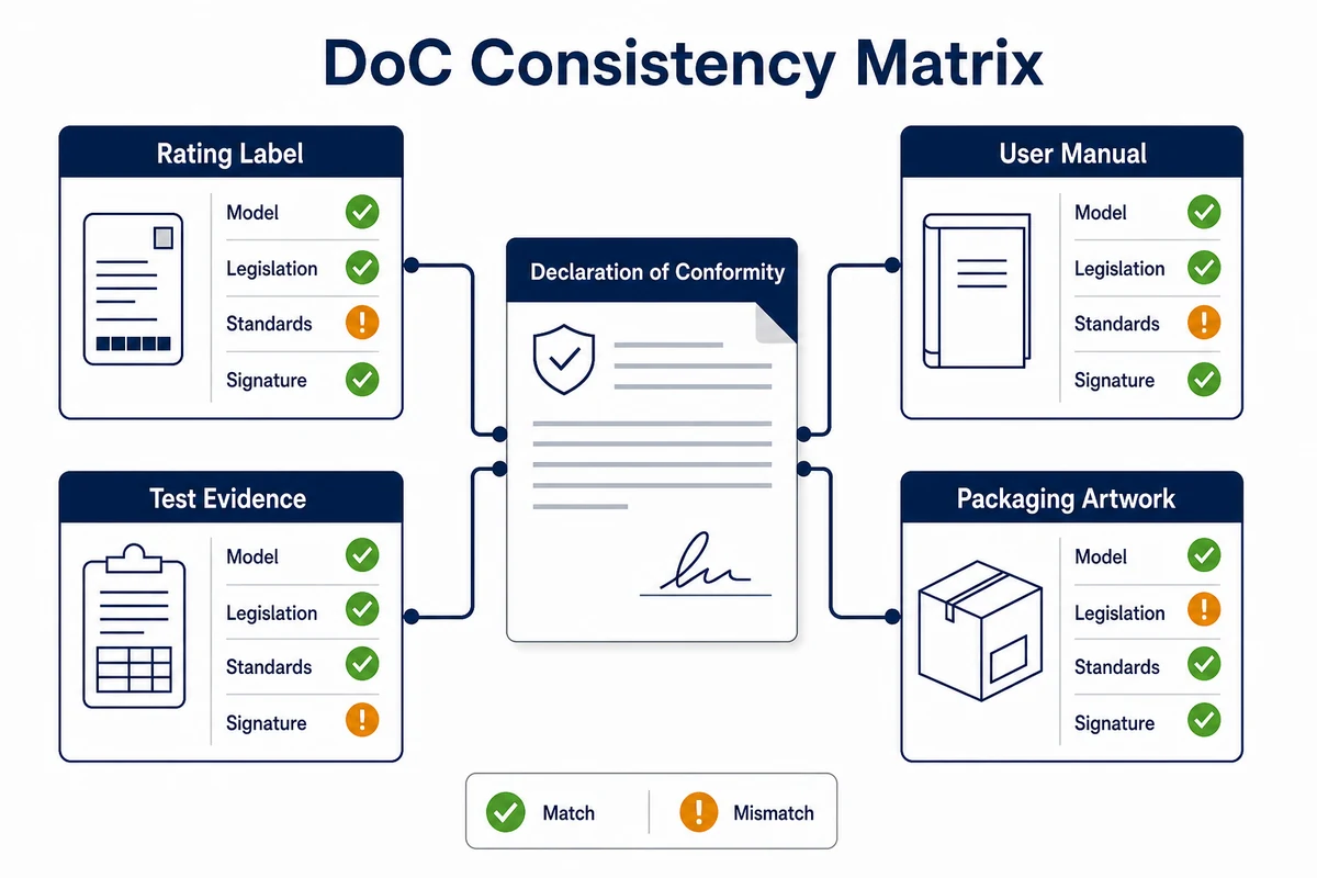 Declaration of Conformity consistency matrix comparing DoC label manual packaging and evidence
