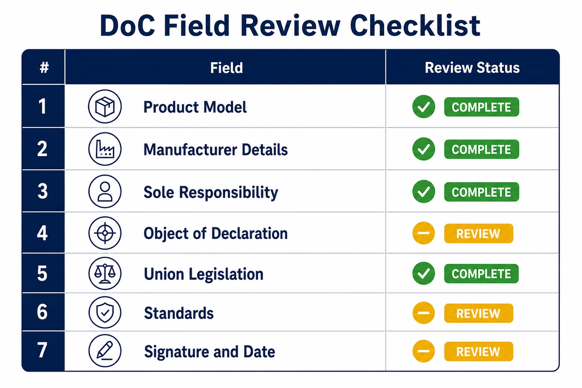 Declaration of Conformity field review checklist for kitchen appliances