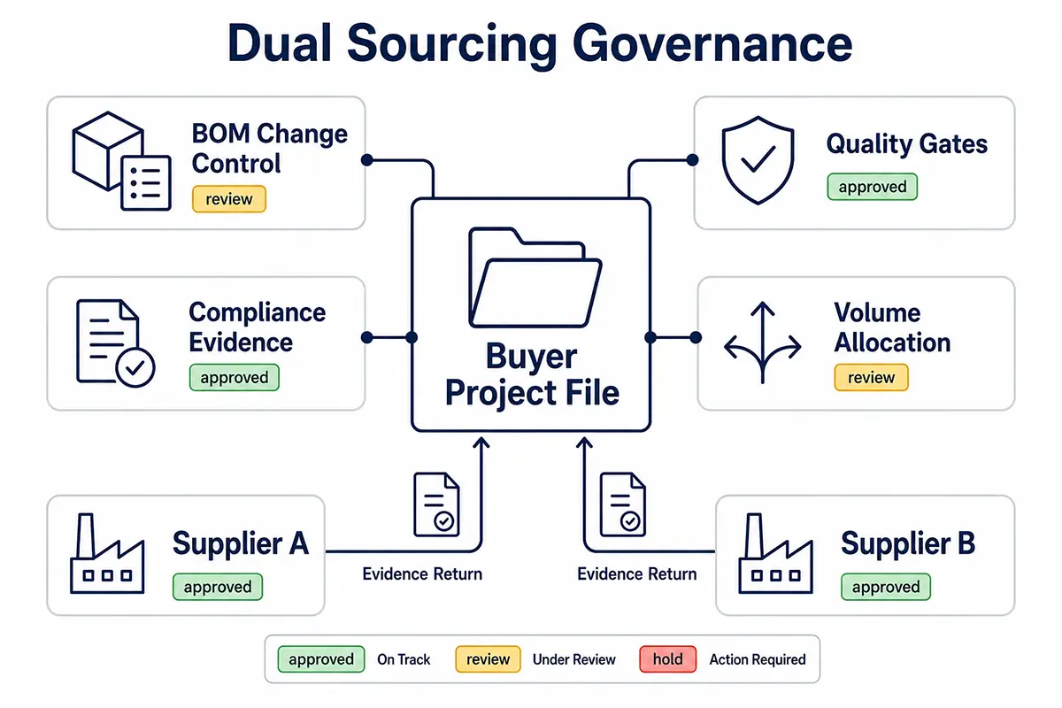 Dual sourcing governance board showing BOM, quality, compliance and volume allocation controls