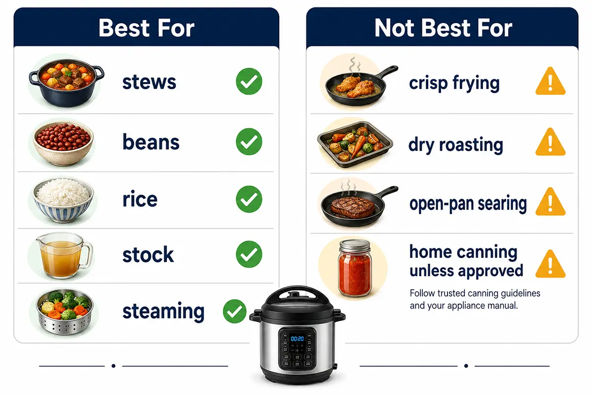 Electric pressure cooker best and not best cooking tasks comparison for moist meals crisping searing and canning cautions