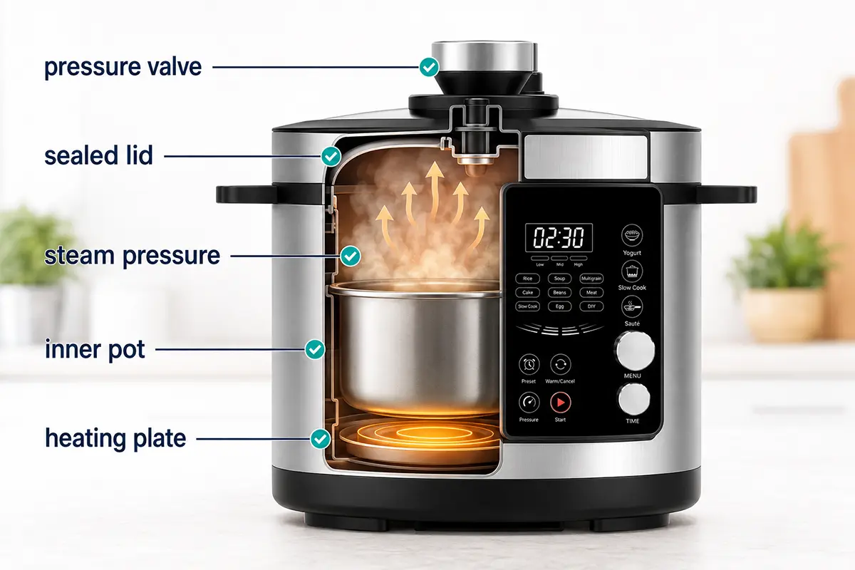 Electric pressure cooker technology diagram showing sealed lid steam pressure inner pot heating plate and valve