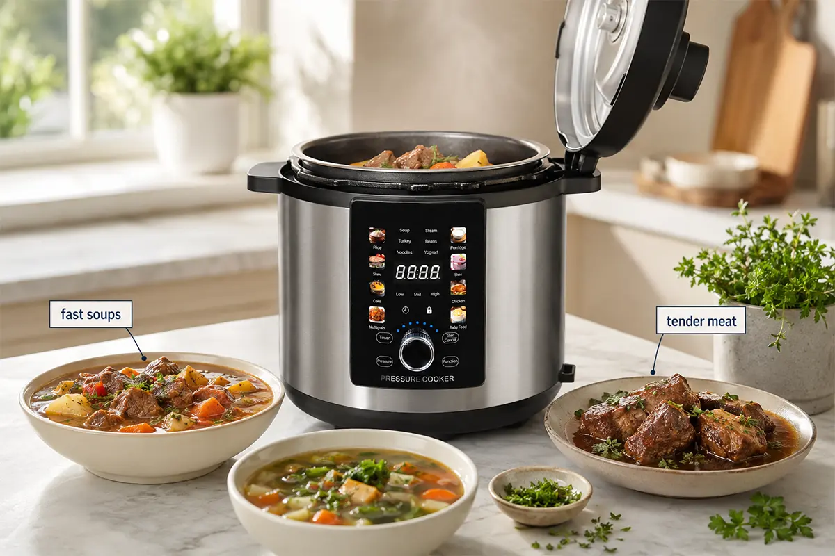 Electric pressure cooker with beef stew soup and tender meat dishes on a kitchen counter