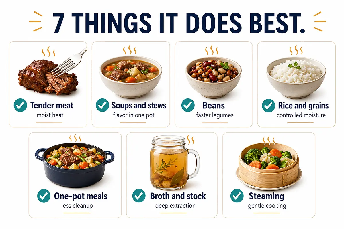 Seven best uses of an electric pressure cooker including meats soups beans grains one-pot meals stock and steaming
