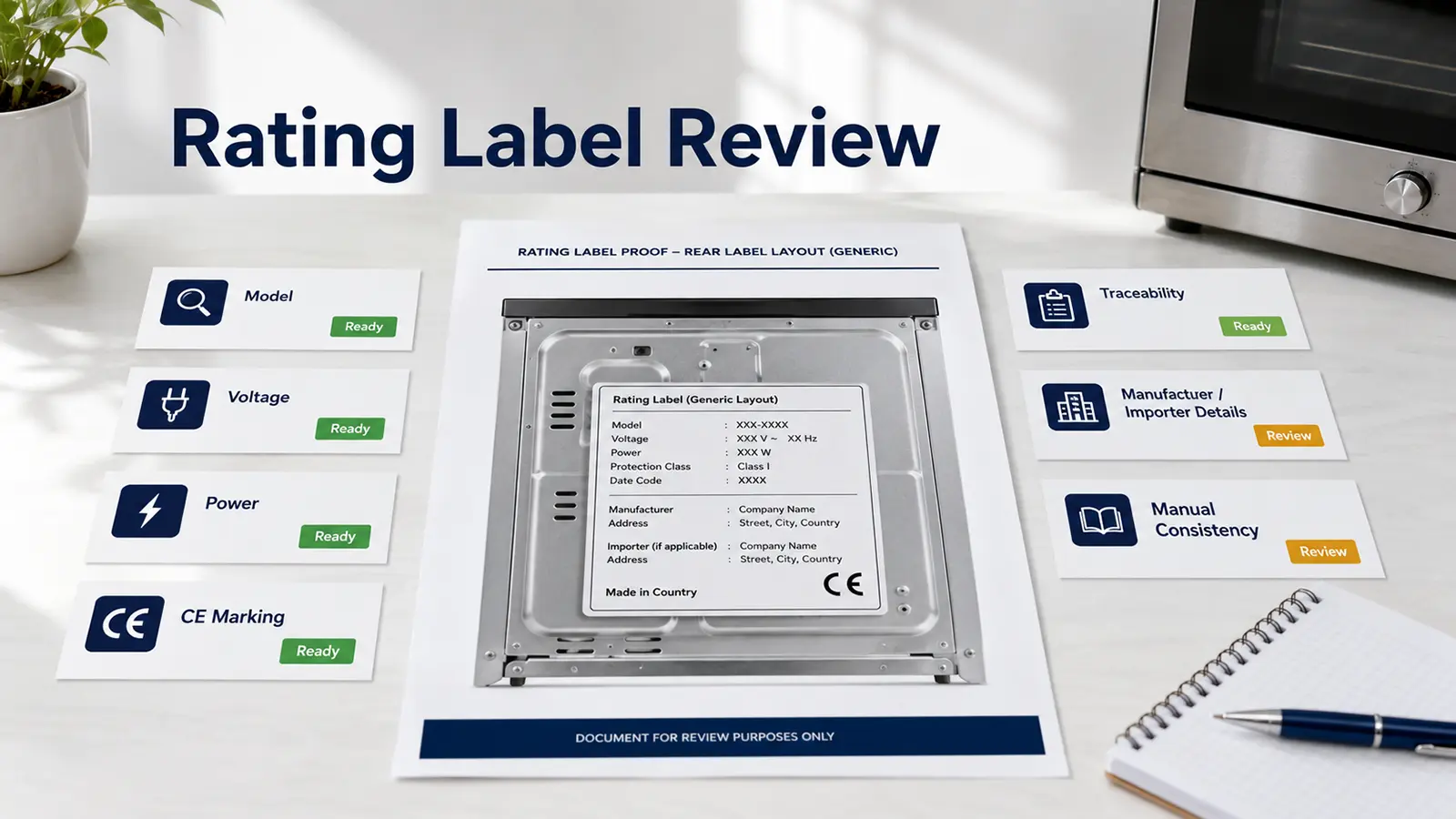 EU kitchen appliance rating label checklist with CE traceability and model identity fields