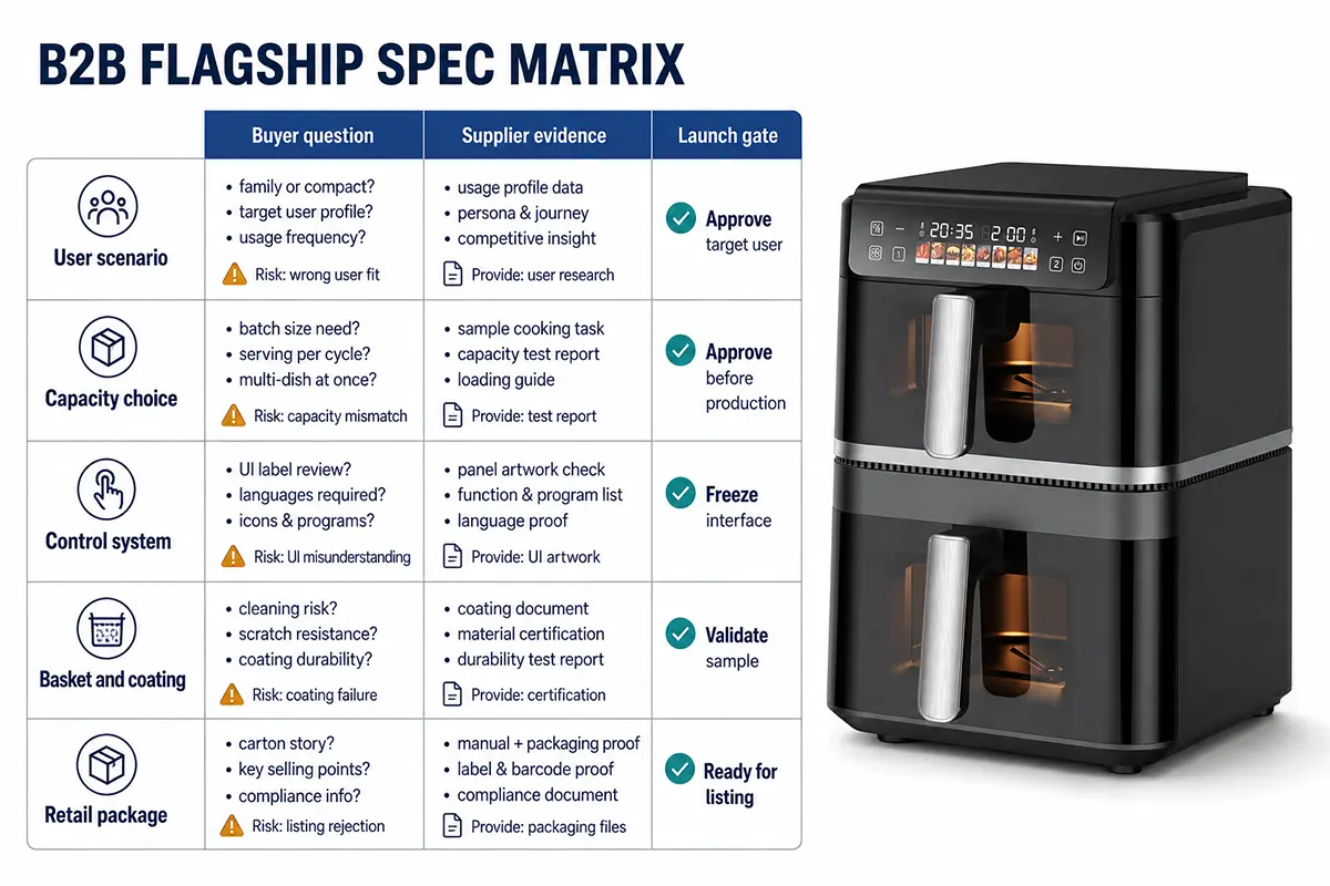 Flagship air fryer B2B specification matrix with product sample capacity controls coating packaging and compliance