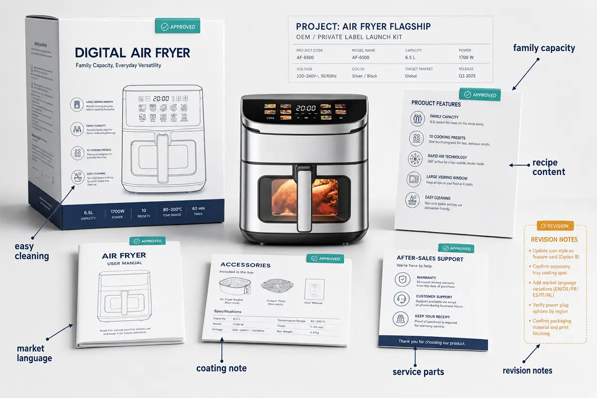 Flagship air fryer retail content system with product packaging online feature cards and after-sales notes