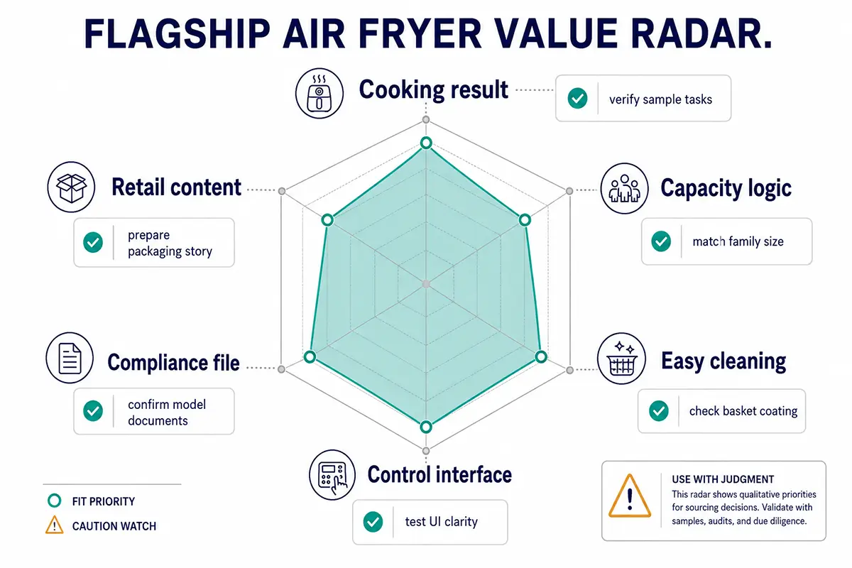 Flagship air fryer value radar showing cooking cleaning controls compliance packaging and service readiness