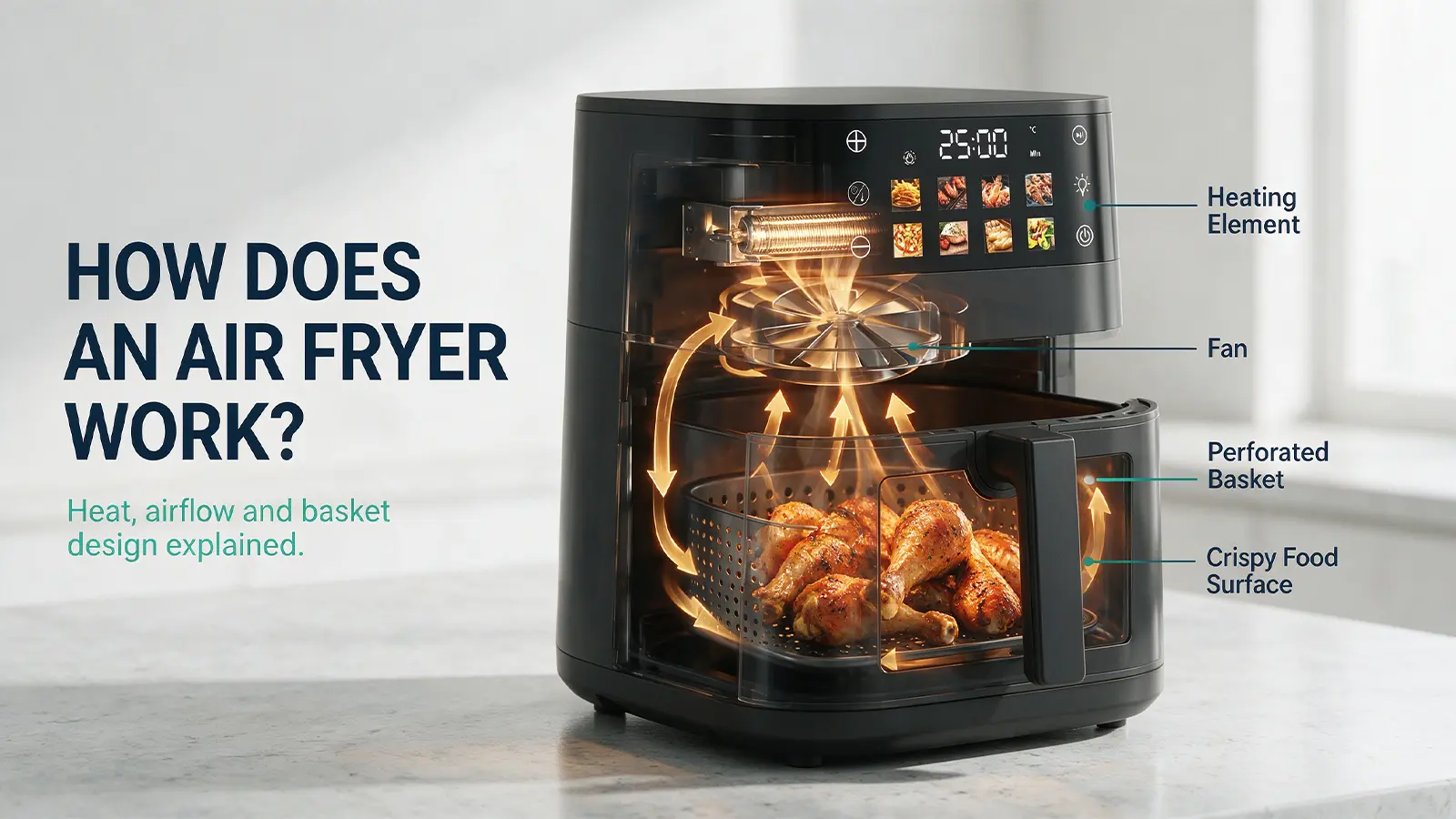 Air fryer technology cover showing heating element fan airflow basket and crisping food