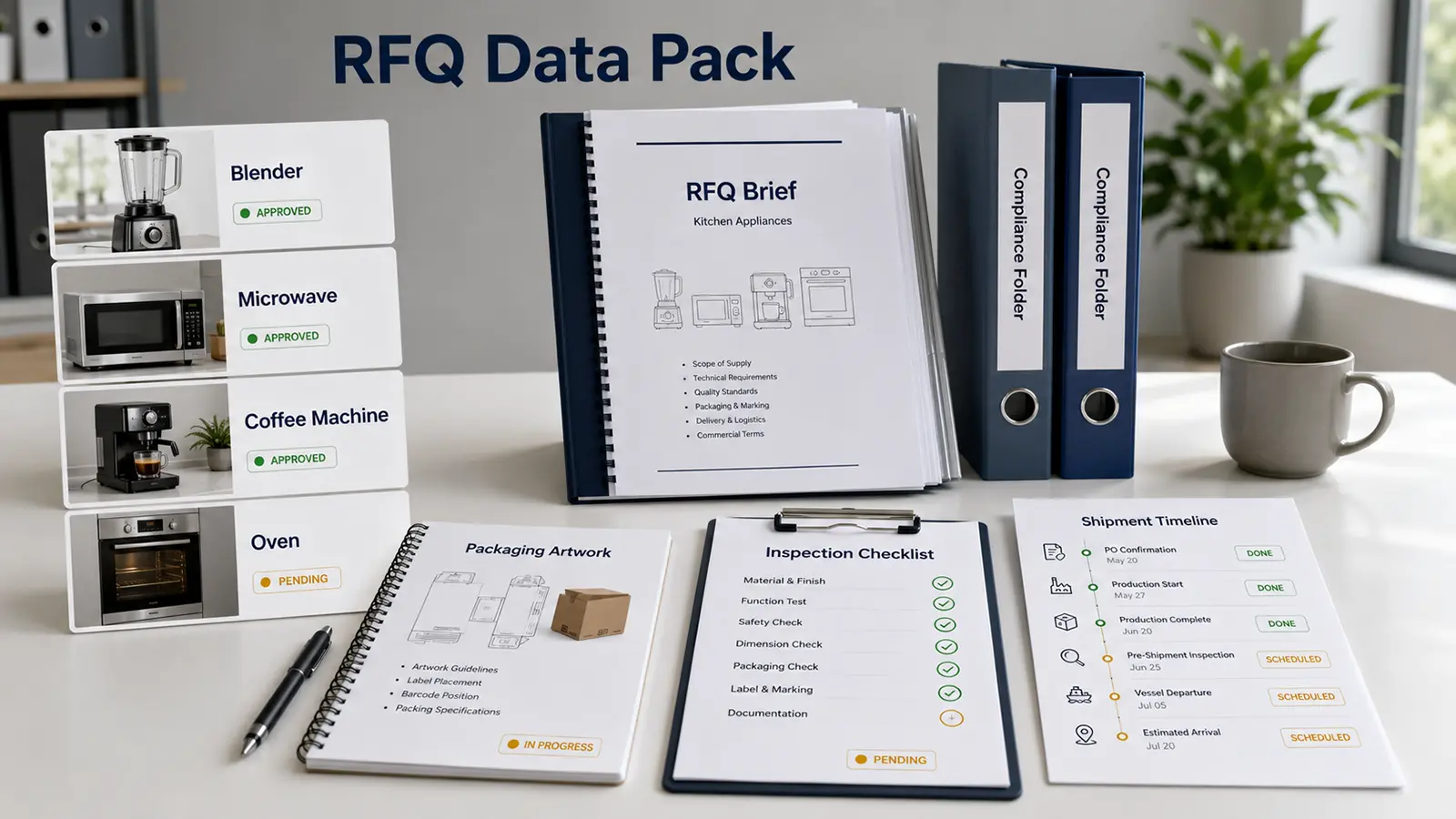 Kitchen appliance RFQ data pack with product compliance packaging and quality fields