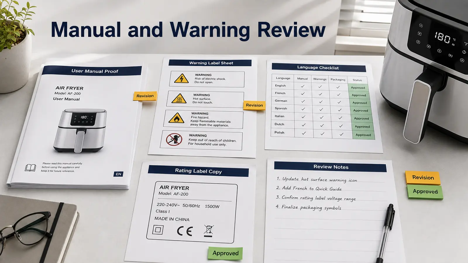 Kitchen appliance user manual and warning label review checklist
