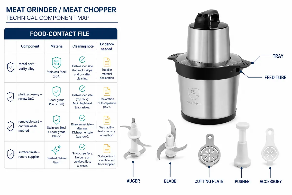 Meat grinder food-contact component map for tray feed tube blade plate and accessories