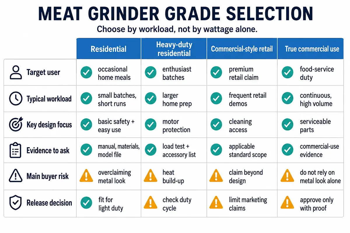 Meat grinder grade selection matrix comparing residential heavy-duty and commercial use cases